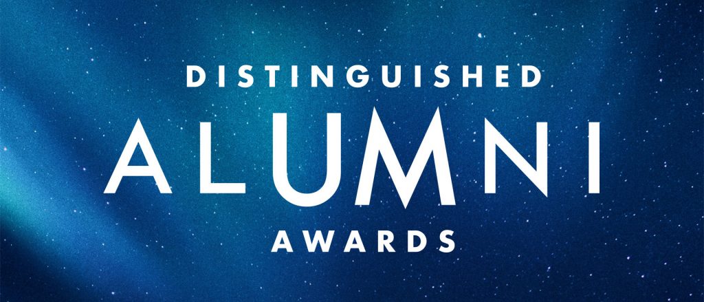 The Distinguished Alumni Awards over a starry sky background with the northern lights atop them.